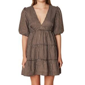 Faithfull The Brand 'Elmiya' Black V Neck Cocoa Check Print Mini Dress Size S